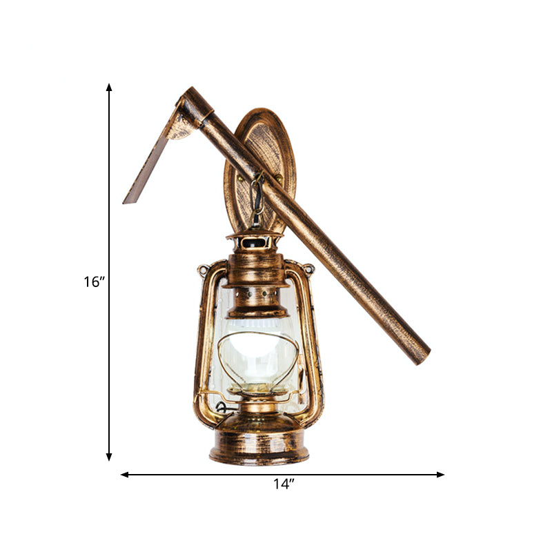 Lantern Clear Glass Wall Hanging Light Vintage 1 Bulb Living Room Sconce Lighting Fixture in Bronze with Metal Hoe Deco