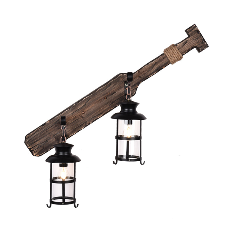 Farmhouse Kerosene Wall Light Fixture 2-Light Clear Glass Wall Sconce in Black with Wood Tool Design