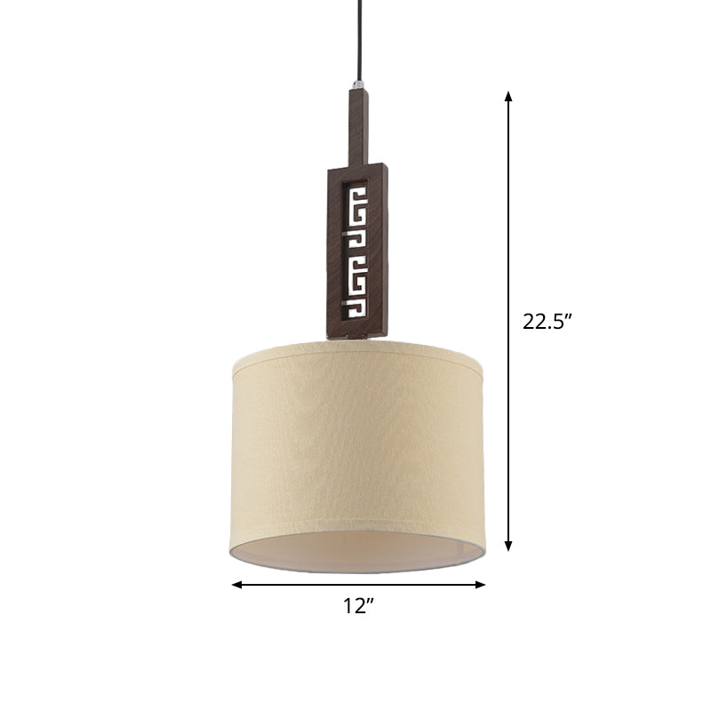 Brown Carved Down Lighting Modernist 1 Bulb Wood Hanging Lamp Kit with Drum Fabric Shade