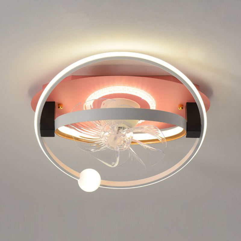 Round Shape Metal Ceiling Fans Kid Style 4 Lights Flush Ceiling Fan