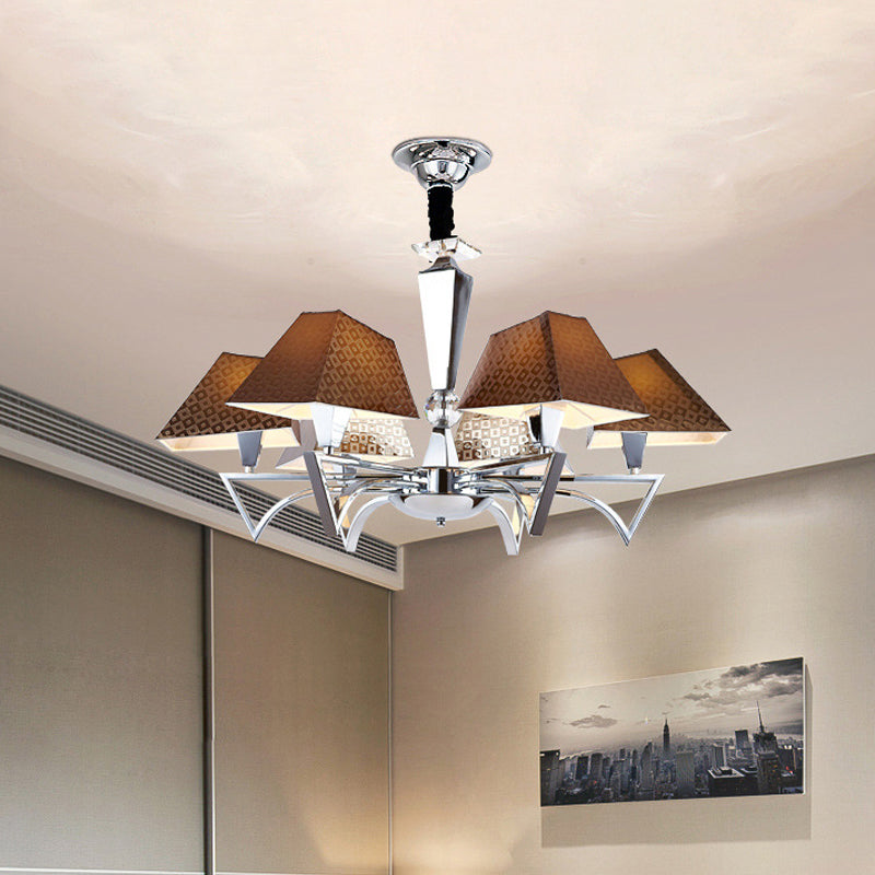 Geometric Fabric Ceiling Chandelier Modernism 6 Lights Brown Pendant Lamp Fixture with Chrome Arm
