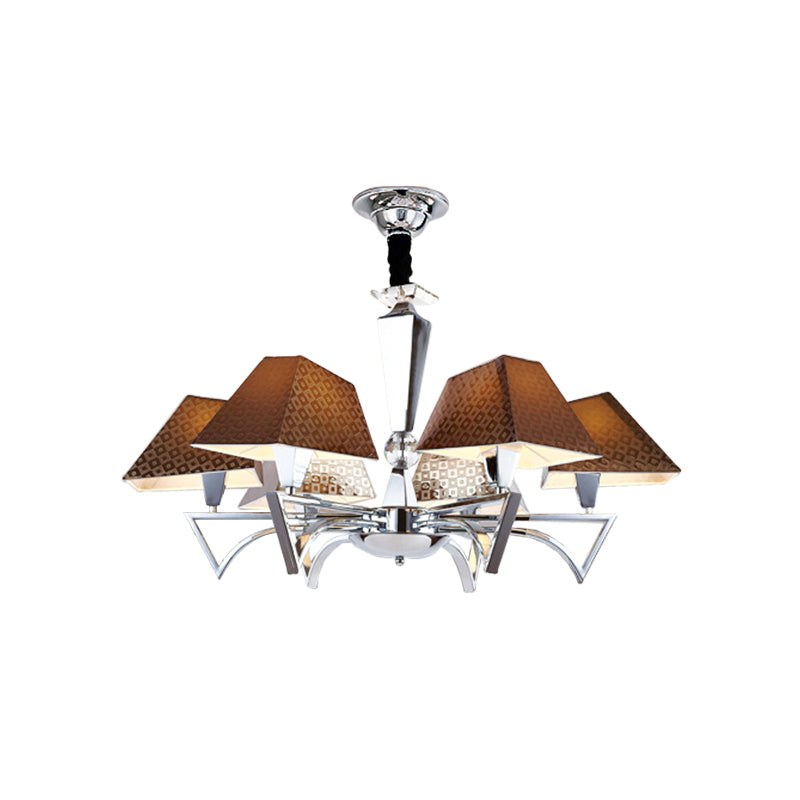 Geometric Fabric Ceiling Chandelier Modernism 6 Lights Brown Pendant Lamp Fixture with Chrome Arm
