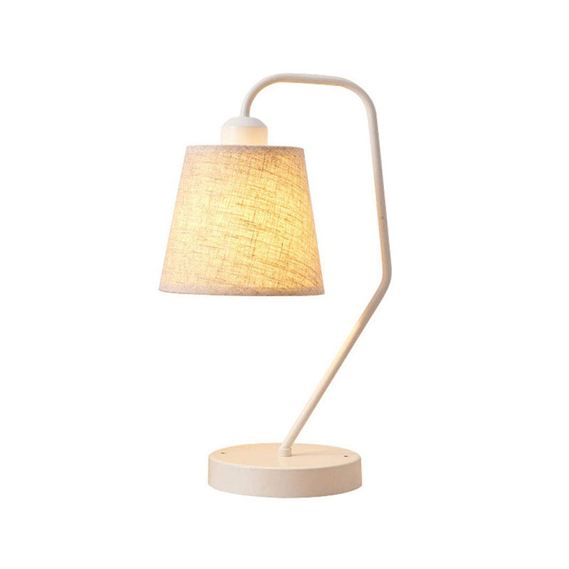 White Barrel Table Lighting Modern 1 Head Fabric Night Lamp with Curved Arm for Bedroom
