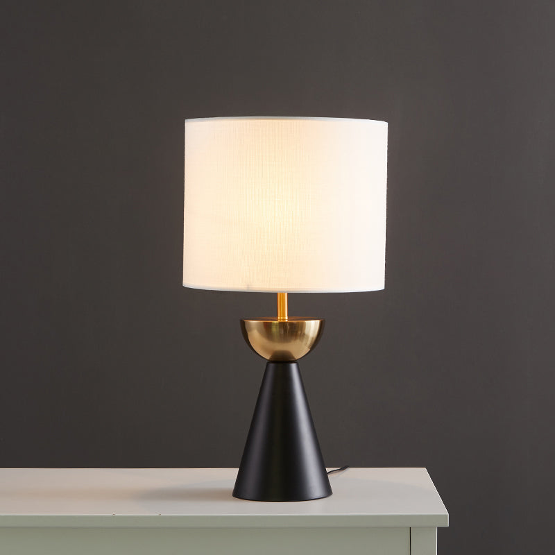 Cylinder Fabric Night Table Light Modern 1 Bulb White/Flaxen Nightstand Lamp with Black Cone Base