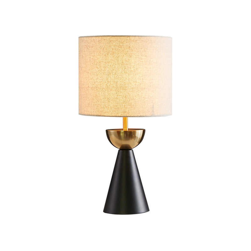 Cylinder Fabric Night Table Light Modern 1 Bulb White/Flaxen Nightstand Lamp with Black Cone Base