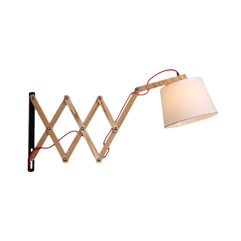 Expansion Arm Sconce Lighting Modernism Wood 1 Light Beige Wall Mounted Lamp with Cylinder White Fabric Shade