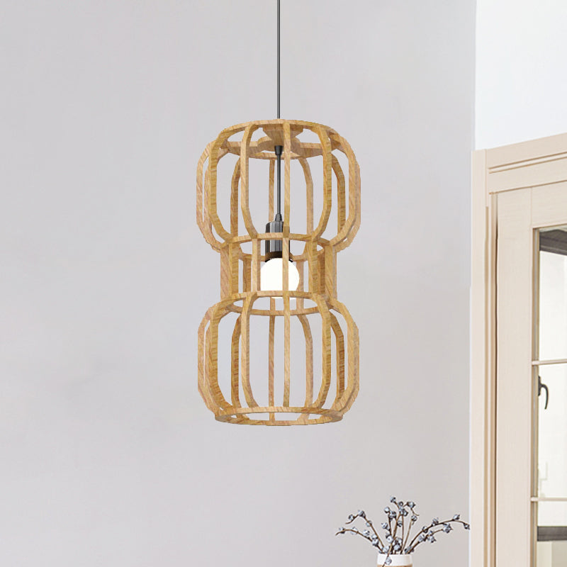 Wood Dumbbell Frame Pendant Light Asian 1 Head Beige Hanging Lamp Kit for Restaurant