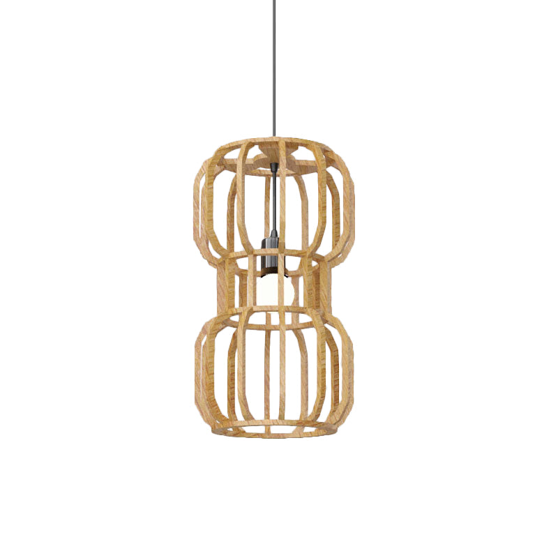 Wood Dumbbell Frame Pendant Light Asian 1 Head Beige Hanging Lamp Kit for Restaurant