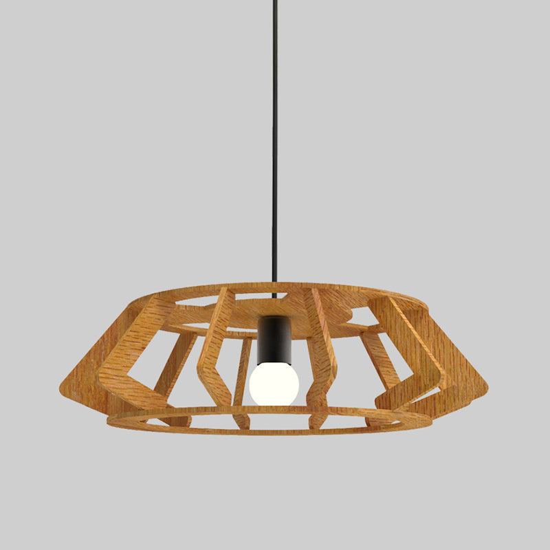 Asian Drum Frame Pendant Light Fixture Wood 1-Light Study Room Hanging Ceiling Lamp