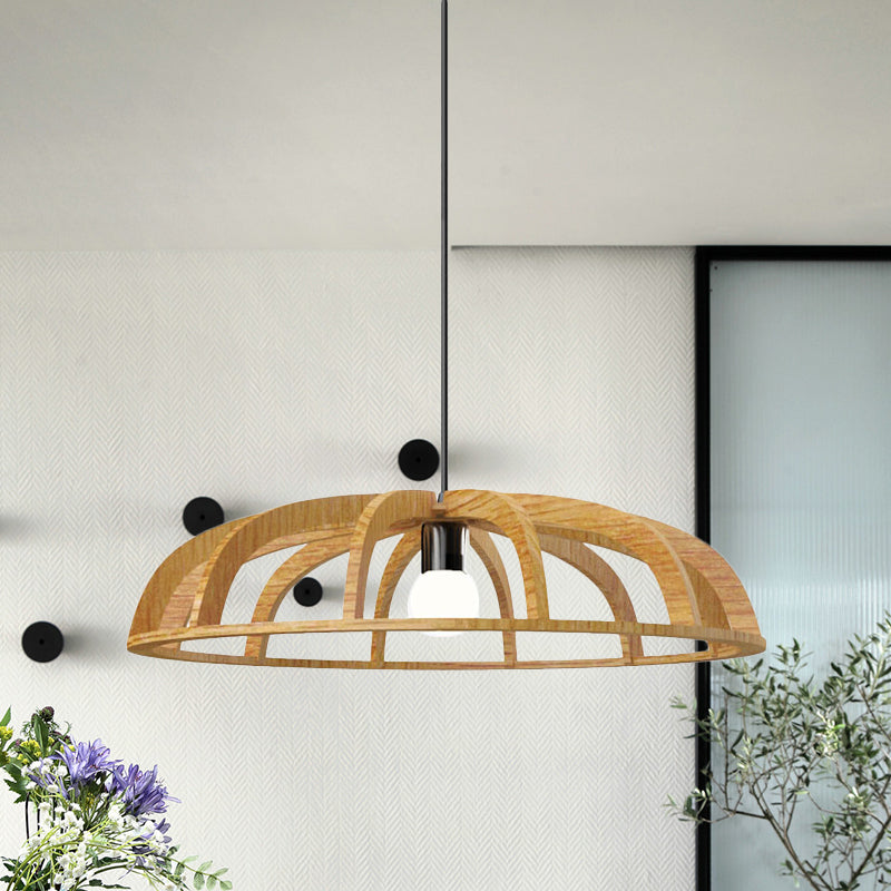 Flat Bowl Frame Hallway Suspension Light Wood 1 Bulb Asian Style Beige Ceiling Pendant Light