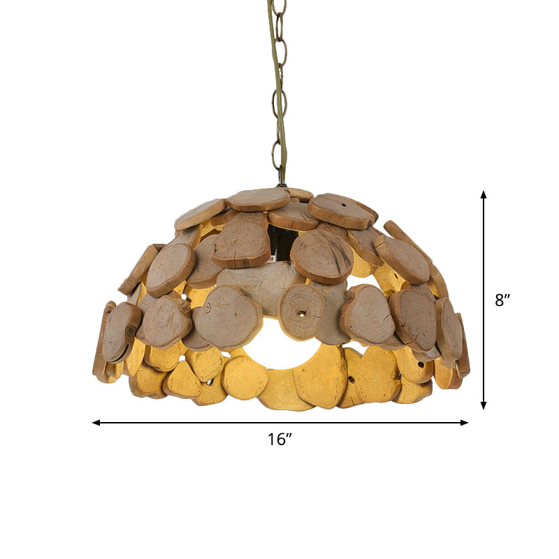 1-Head Restaurant Ceiling Light Asian Brown Hanging Lamp Kit with Dome Wood Block Shade