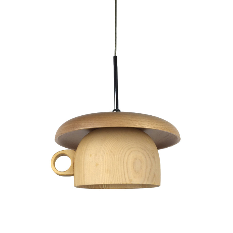 Wood Coffee-Cup Drop Pendant Light Modernist 1-Bulb LED Beige Ceiling Hang Fixture