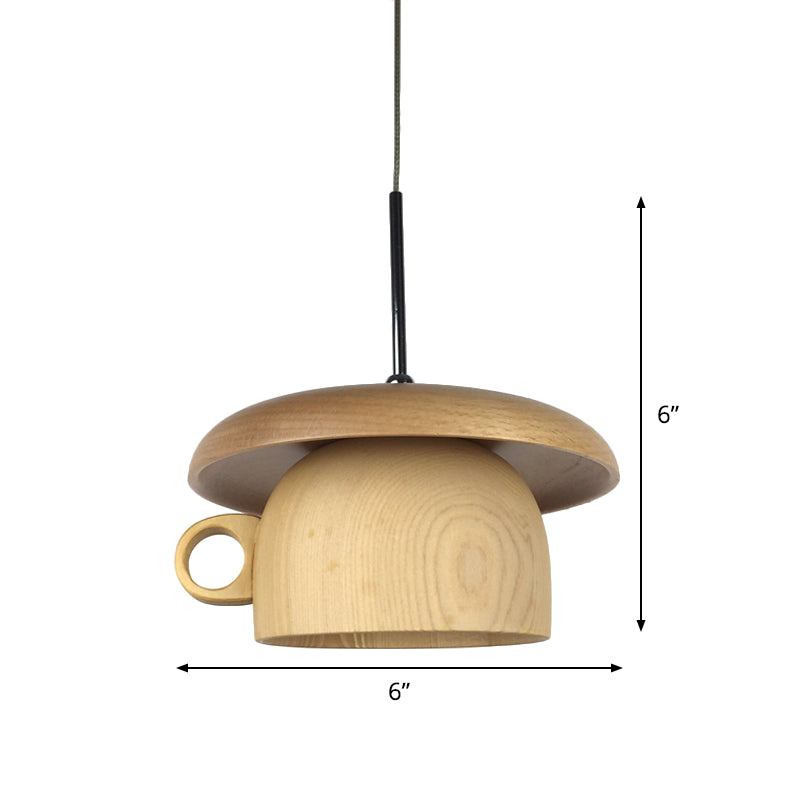 Wood Coffee-Cup Drop Pendant Light Modernist 1-Bulb LED Beige Ceiling Hang Fixture