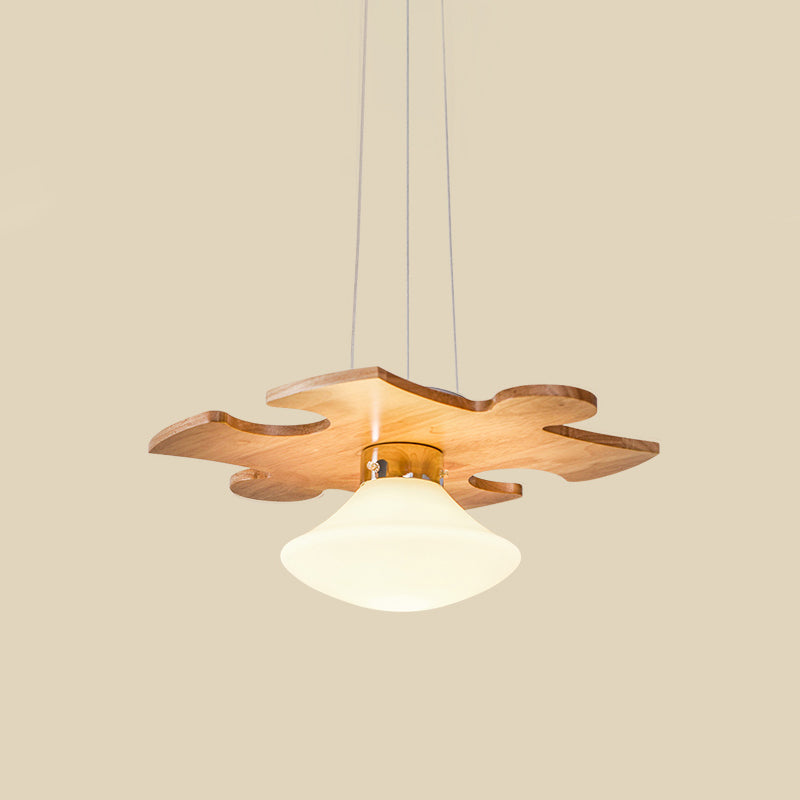 Wood Jigsaw Puzzle Suspension Light Modern 1 Light Hanging Lamp Kit with Mushroom Cream Glass Shade