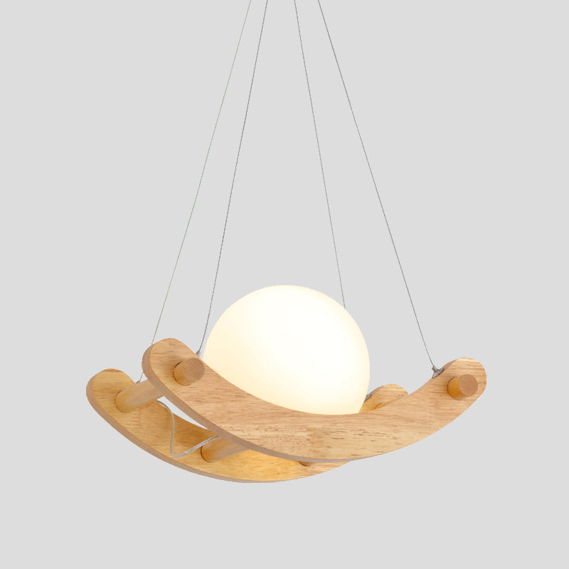 Beige Arced Pendant Modernist 1 Light Wood Hanging Ceiling Lamp with Orb Milk White Glass Shade