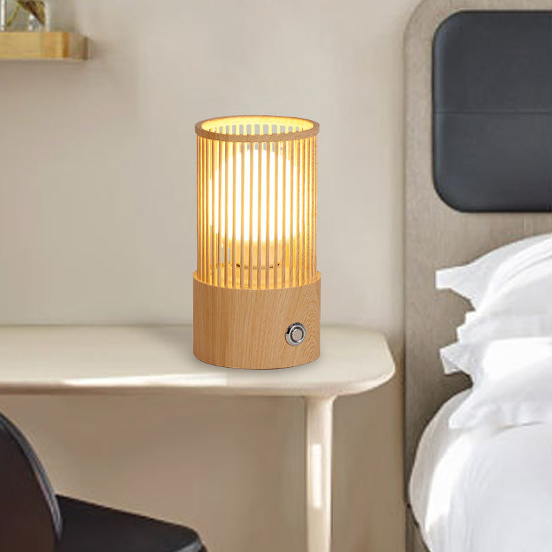 Beige Tubular Cage Desk Light Minimalist 1 Light Wood Table Lamp for Coffee Shop