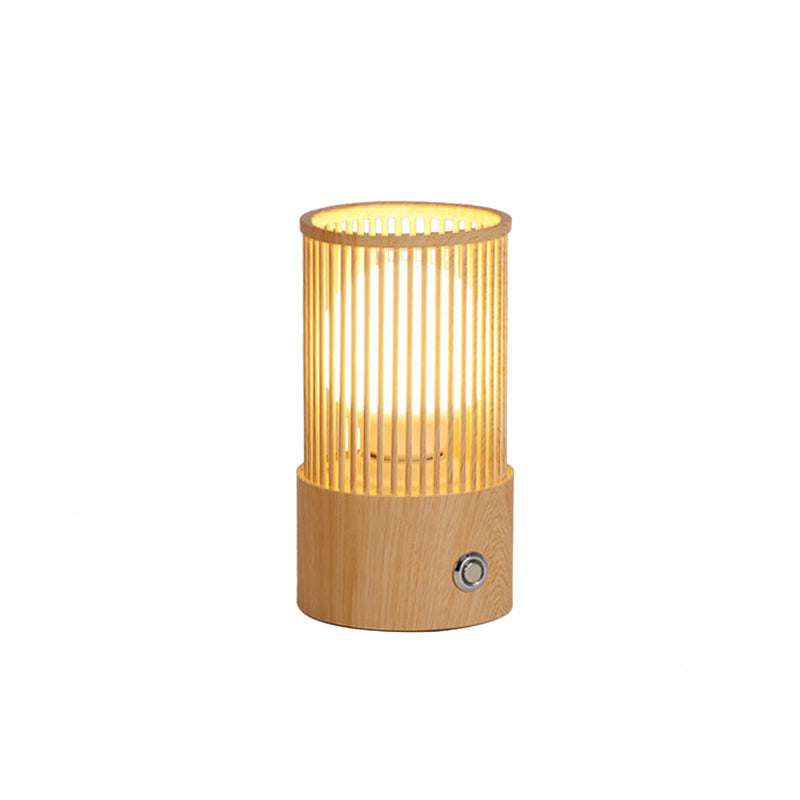 Beige Tubular Cage Desk Light Minimalist 1 Light Wood Table Lamp for Coffee Shop