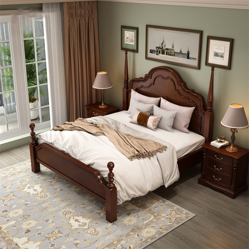 Mid-Century Modern Standard Bed Pine Wood Panel Bed with Headboard