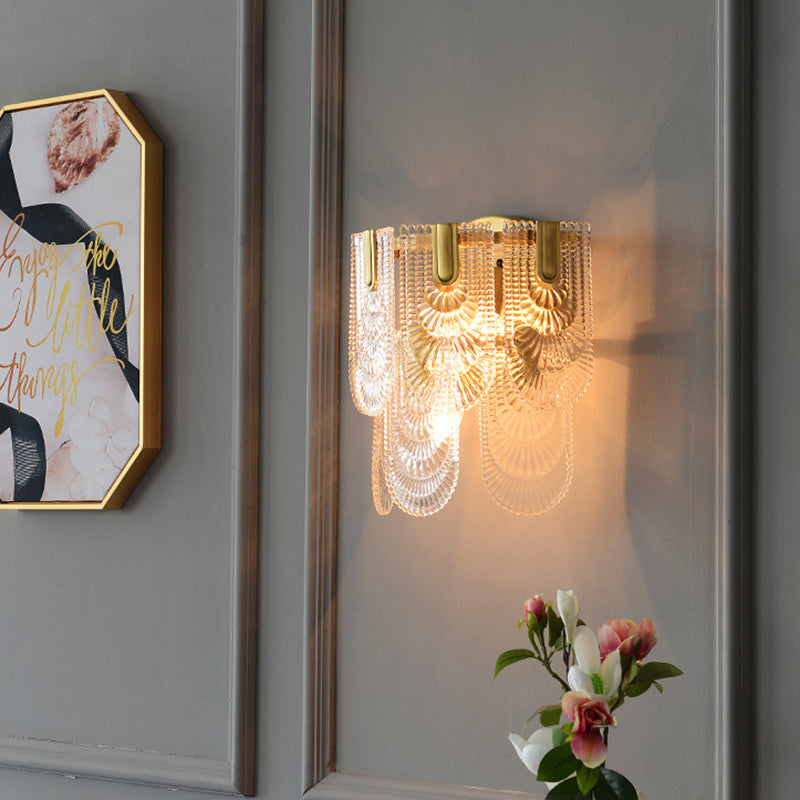 Double Layered Crystal Wall Lighting Traditional 3 Bulbs Living Room Wall Sconce Light Fixture in Brass