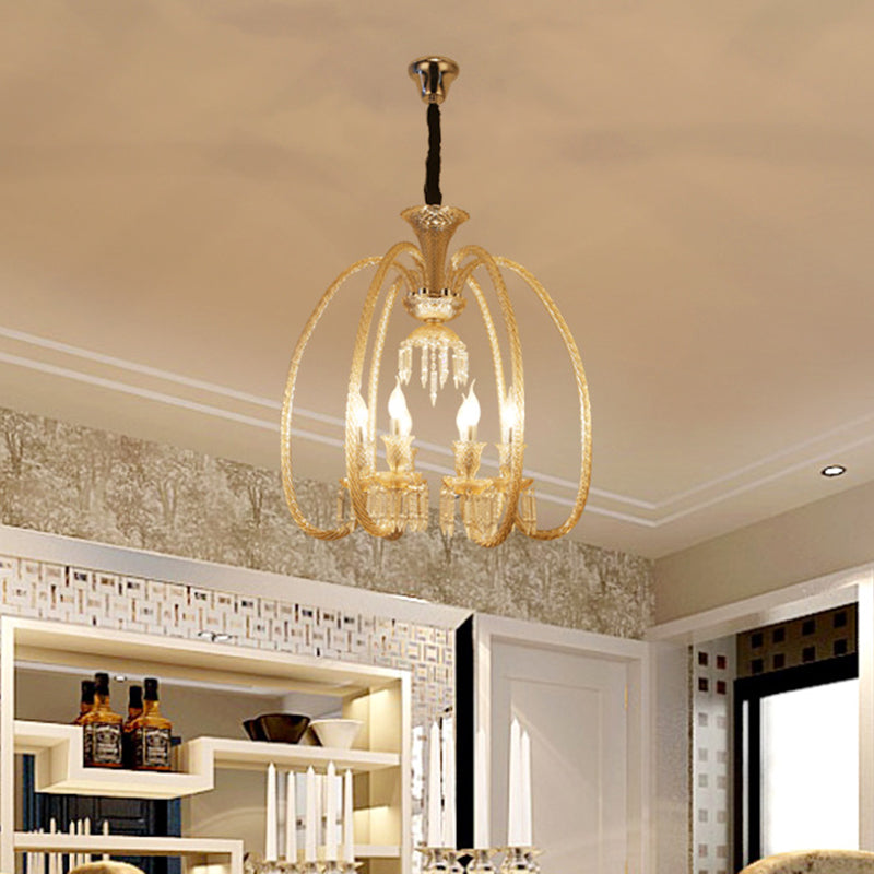 6/8 Heads Hanging Chandelier Antique Living Room Pendant with Curving Cognac Glass Arm and Clear Crystal Drop