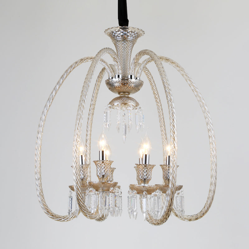 6/8 Heads Hanging Chandelier Antique Living Room Pendant with Curving Cognac Glass Arm and Clear Crystal Drop