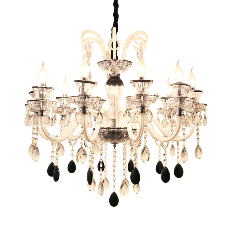 Vintage Candlestick Chandelier Lighting 10 Lights Clear and Black Crystal Pendant with Swooping Glass Arm
