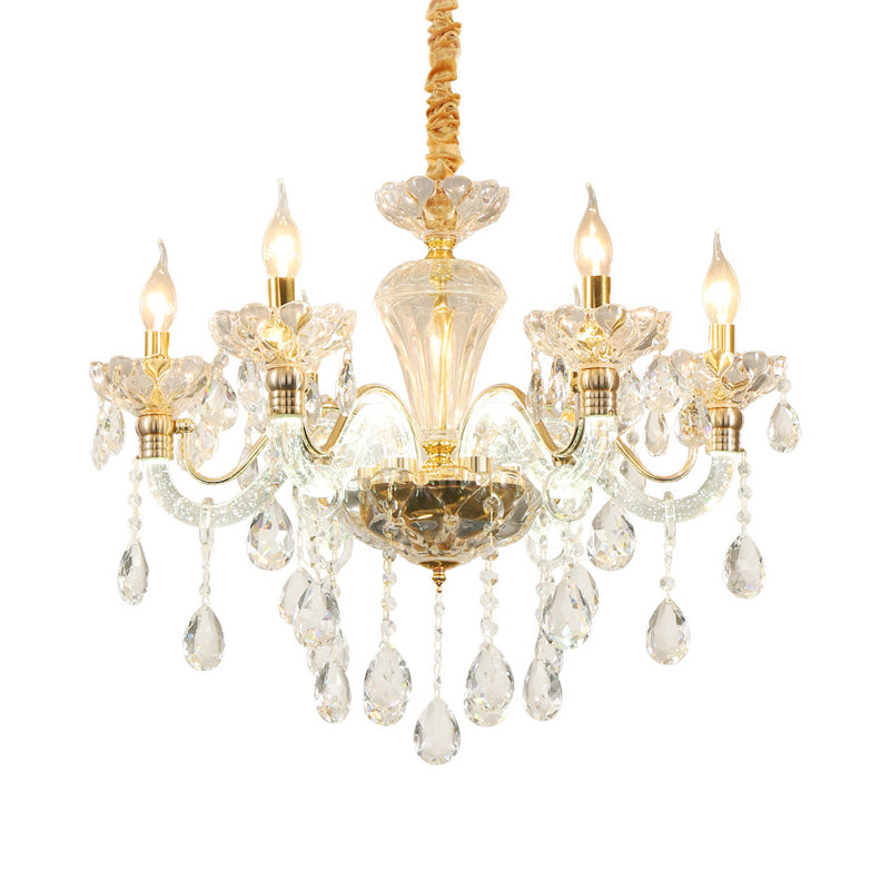 Candelabra Crystal plafond lustre vintage 6 lumières Pendentif salle à manger en or avec une teinte en verre transparent