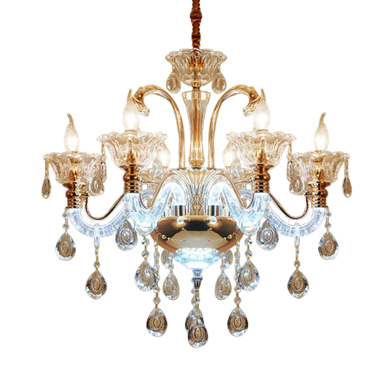 Clear Crystal Candle Chandelier Light Vintage 6 Bulbs Dining Room Hanging Lamp with Glass Shade