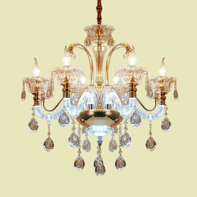Clear Crystal Candle Chandelier Light Vintage 6 Bulbs Dining Room Hanging Lamp with Glass Shade
