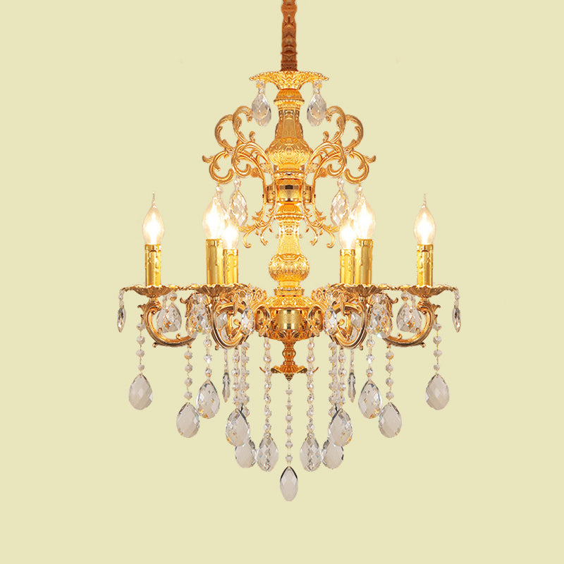 Metal Candlestick Chandelier Lighting Vintage 6 Heads Living Room Suspension Light in Gold with Crystal Drop