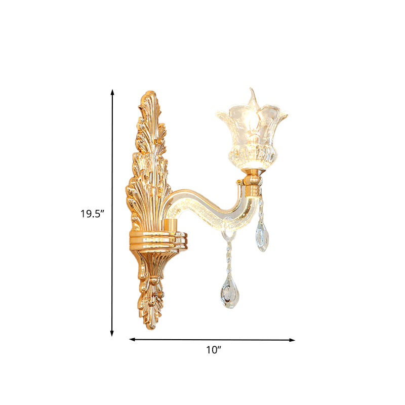 Clear Glass Gold Sconce Light Flower 1/2-Bulb Traditional Wall Mounted Lamp with Bubble Crystal Luminous Arm