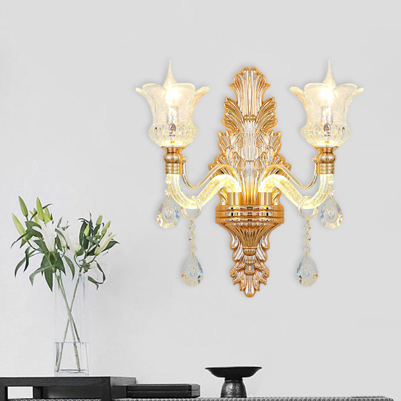 Clear Glass Gold Sconce Light Flower 1/2-Bulb Traditional Wall Mounted Lamp with Bubble Crystal Luminous Arm