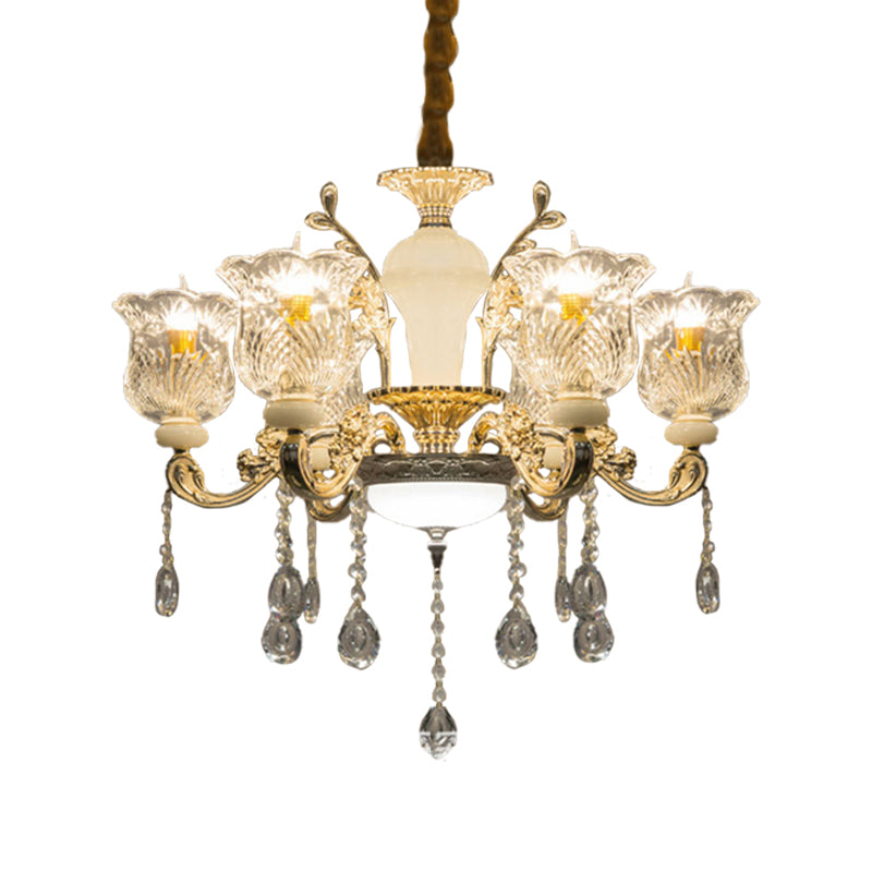 Candelera de colgante floral antiguo 6 Luces Clear Glass Techo Cuelga de cuello en oro con cristal colgante