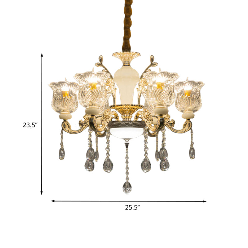 Candelera de colgante floral antiguo 6 Luces Clear Glass Techo Cuelga de cuello en oro con cristal colgante