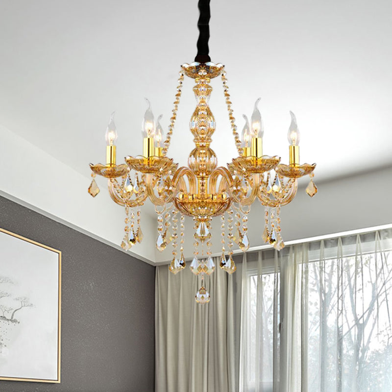 Retro Candle/Bell Chandelier Light 6 Bulbs Amber Beveled Crystal Pendant Lamp in Gold with/without Fabric Shade