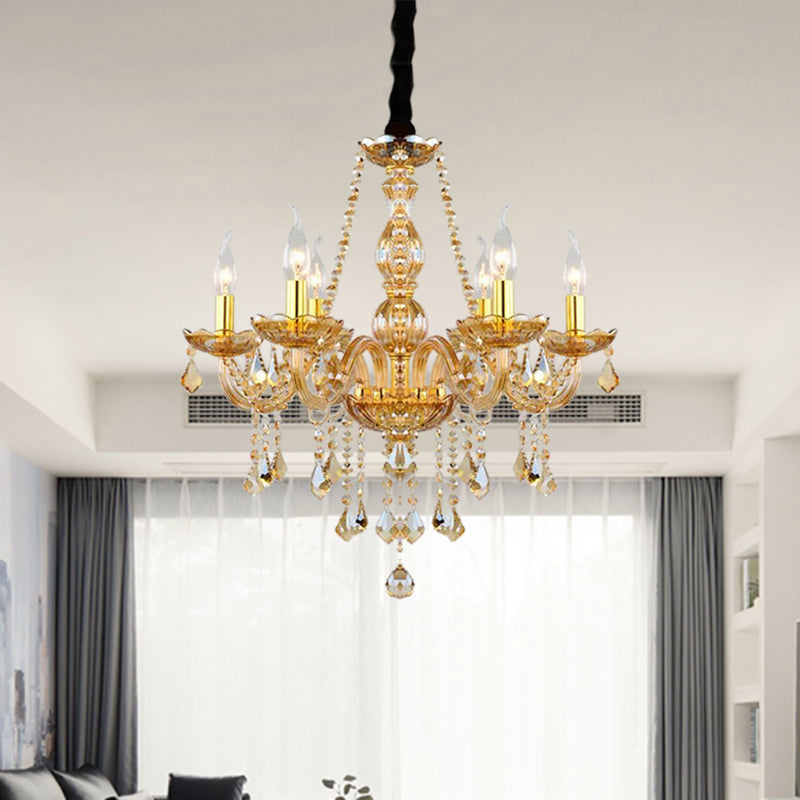 Retro Candle/Bell Chandelier Light 6 Bulbs Amber Beveled Crystal Pendant Lamp in Gold with/without Fabric Shade