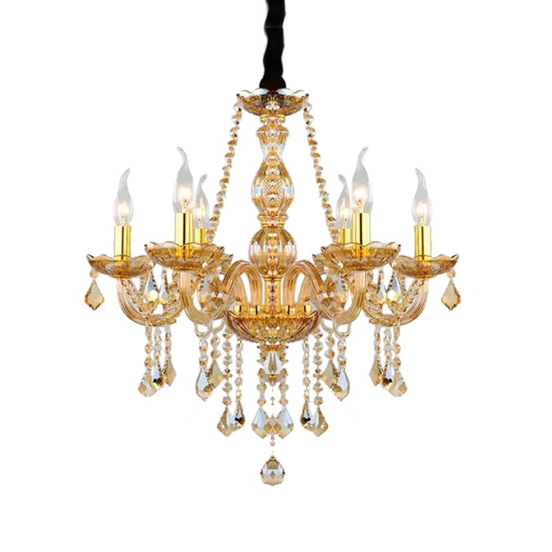 Retro Candle/Bell Chandelier Light 6 Bulbs Amber Beveled Crystal Pendant Lamp in Gold with/without Fabric Shade