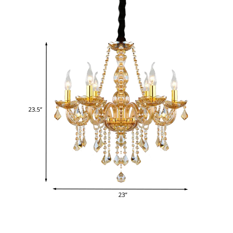 Retro Candle/Bell Chandelier Light 6 Bulbs Amber Beveled Crystal Pendant Lamp in Gold with/without Fabric Shade