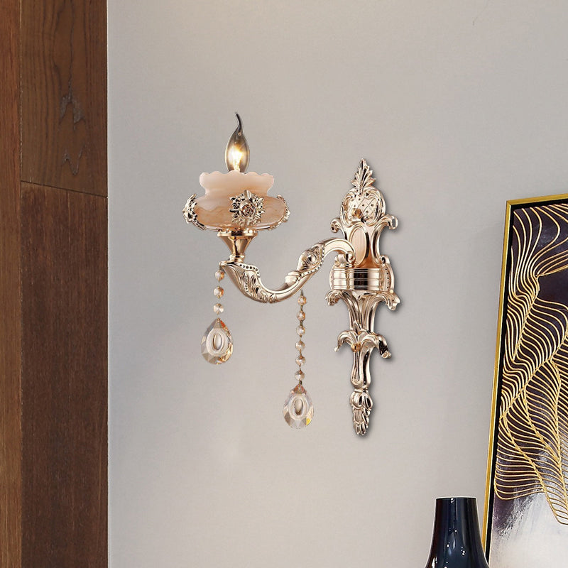 1/2-Head K9 Crystal Sconce Lamp Traditional Gold Candle Corridor Wall Lighting Fixture with Jade Saucer