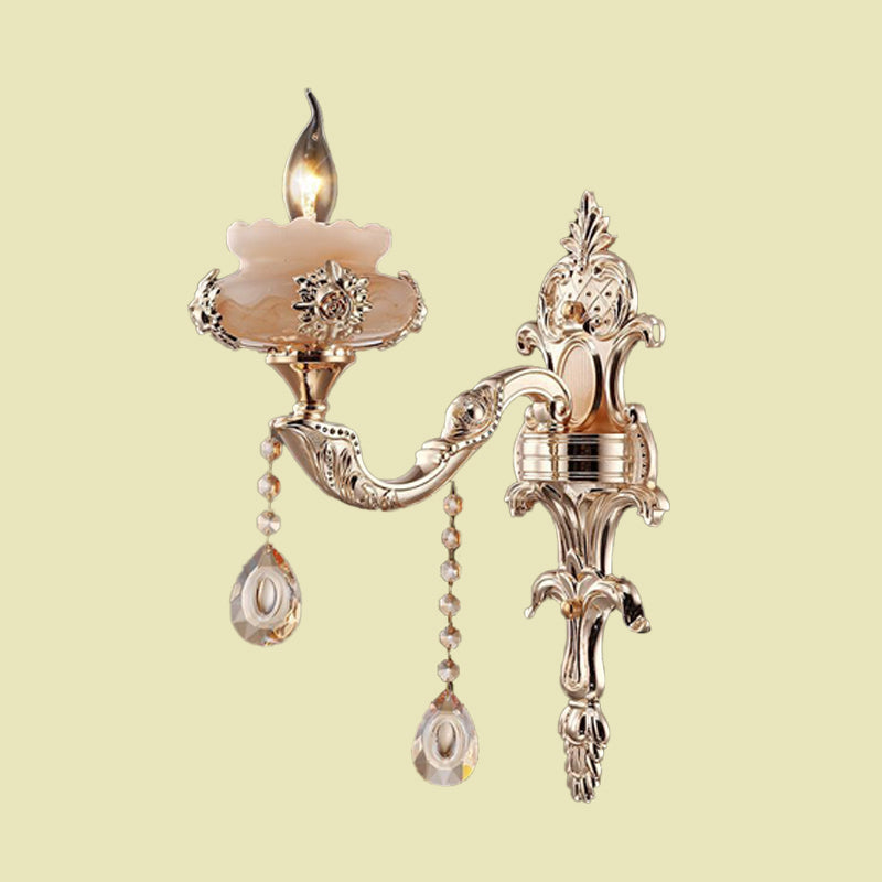 1/2-Head K9 Crystal Sconce Lamp Traditional Gold Candle Corridor Wall Lighting Fixture with Jade Saucer