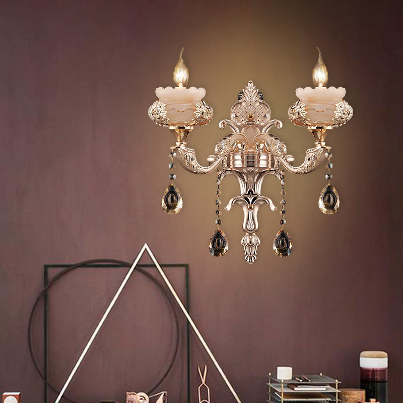 1/2-Head K9 Crystal Sconce Lamp Traditional Gold Candle Corridor Wall Lighting Fixture with Jade Saucer