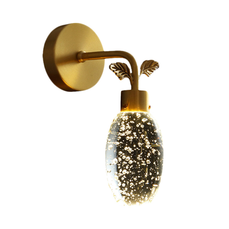 LED Wall Sconce Lighting Fixture Modern Oval Clear Seeded Crystal Bedroom Wall Light in Gold with Leaf Design