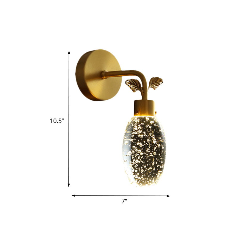 LED Wall Sconce Lighting Fixture Modern Oval Clear Seeded Crystal Bedroom Wall Light in Gold with Leaf Design