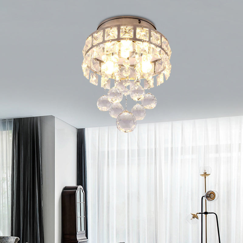 Silver 3 Lights Flush Mount Lamp Modernism Clear Crystal Ball Circular Close to Ceiling Lighting