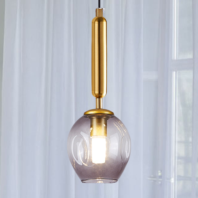 Tulip Bedside Hanging Lighting Blue/Smoke Gray Dimpled Glass 1 Light Modernist Pendant Lamp Fixture in Black/Gold