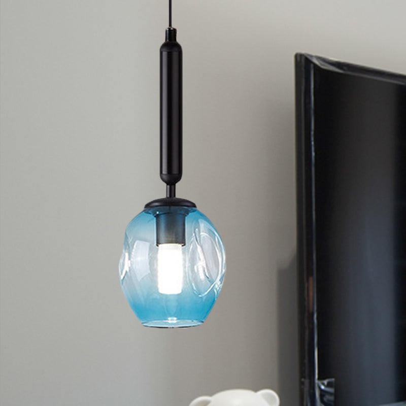 Tulip Bedside Hanging Lighting Blue/Smoke Gray Dimpled Glass 1 Light Modernist Pendant Lamp Fixture in Black/Gold