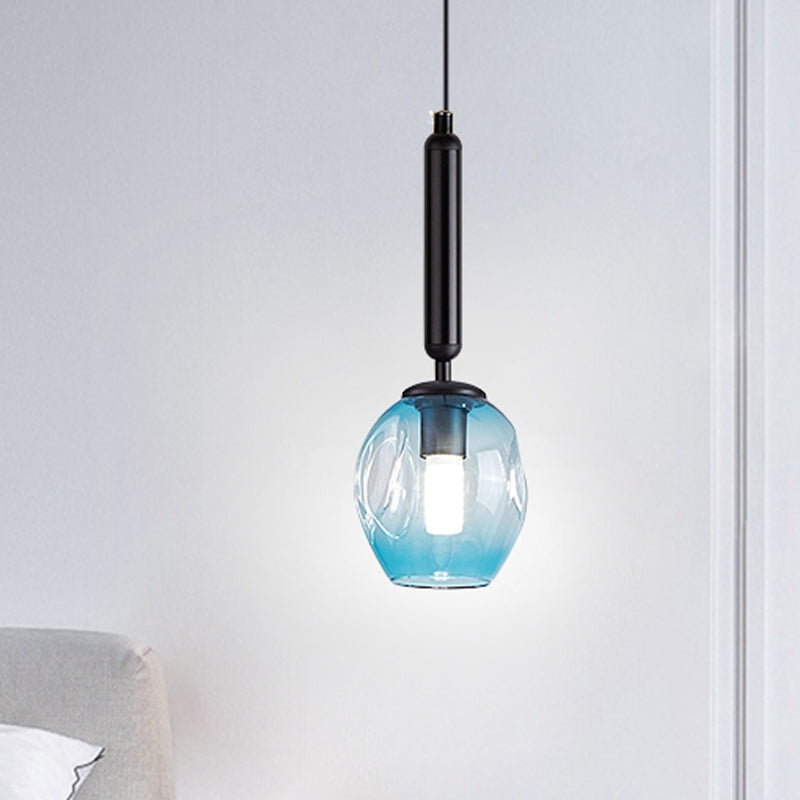 Tulip Bedside Hanging Lighting Blue/Smoke Gray Dimpled Glass 1 Light Modernist Pendant Lamp Fixture in Black/Gold