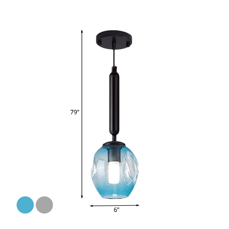 Tulip Bedside Hanging Lighting Blue/Smoke Gray Dimpled Glass 1 Light Modernist Pendant Lamp Fixture in Black/Gold