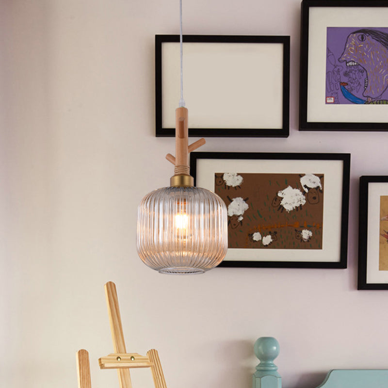 Modernism Drum Hanging Light Amber Ribbed Glass 1 Head Kitchen Island Ceiling Lamp with Wood Branch Top