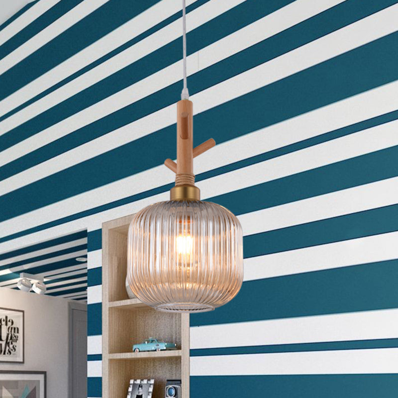 Modernism Drum Hanging Light Amber Ribbed Glass 1 Head Kitchen Island Ceiling Lamp with Wood Branch Top